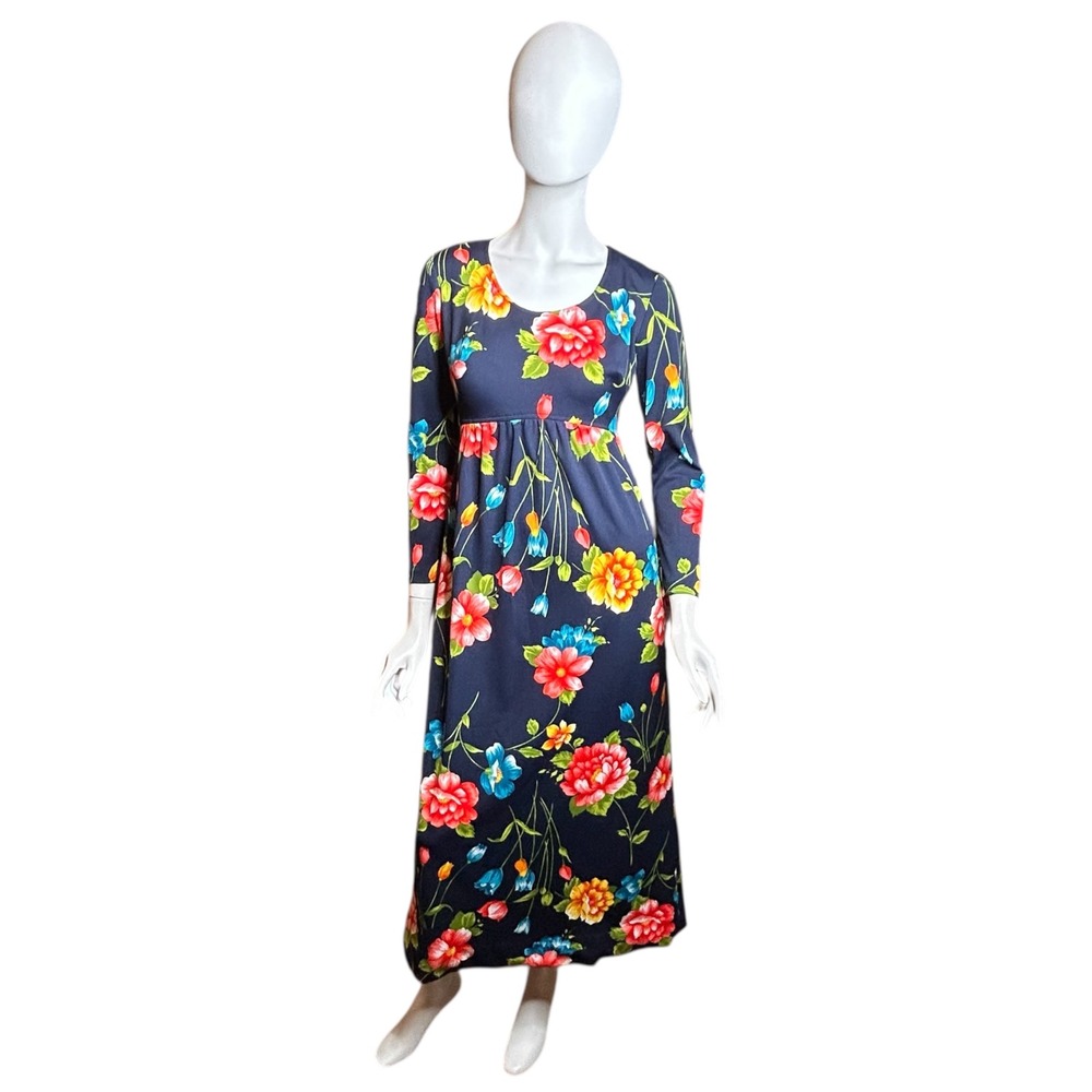 Vintage 70s Montgomery Ward Floral Maxi Dress Size Vintage 10 Navy